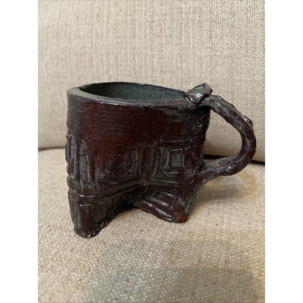 Studio Pottery Mug Handmade Ceramic Earthy Brown Green Drip Patterned Novelty